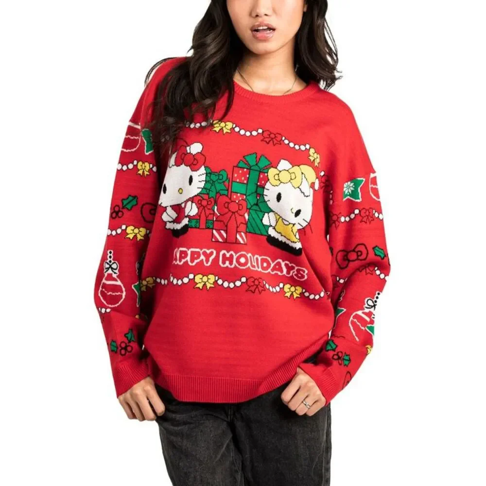 Hello Kitty Women's Red Crew Neck Long Sleeve Oversized Sweater Medium